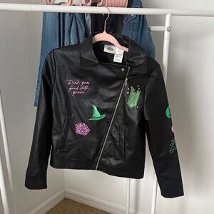Black Faux Leather Jacket with Green and Pink Embroidery